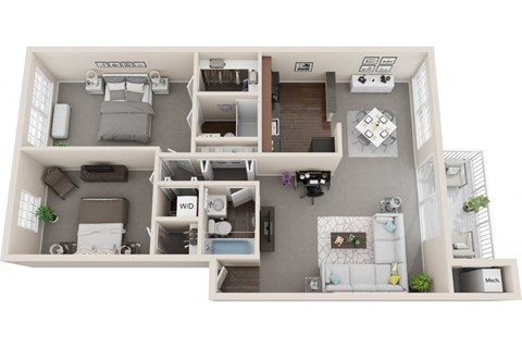 Floor plan for 2 beds, 2 baths, 1121 sqft